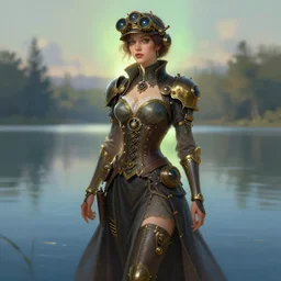 woman model, steampunk!!! and modern, rgb, lake, backlit, elegant, highly detailed, digital painting, artstation, concept art, smooth, sharp focus, illustration, art by krenz cushart and artem demura and alphonse mucha