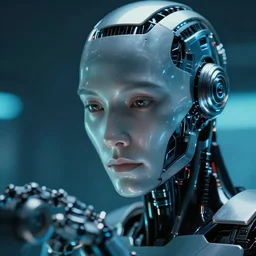 a still from the movie bladerunner 2 0 4 9 depicting a close up of a focused futuristic robot's face as it works. 5 0 mm f / 4 iso 2 0 0, soft lighting, cinematic lighting, blue chrome