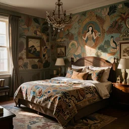 a cozy bedroom decorated by Lisa Frank, detailed, high resolution, wow!, intricate