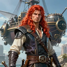An epic fantasy comic book style portrait painting of a long haired, red headed male sky-pirate in front of an airship, unreal 5, DAZ, hyperrealistic, octane render, cosplay, RPG portrait, dynamic lighting