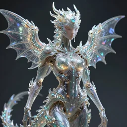 symbiogenesis alien hybrid humanoid androgyne with dragon features, inter dimensional crown, concept art, sculpted iridescent glass, translucidluminescence, intricate detail, style by james jean, circuitry, organic detail, cinematic, epic wide shot, ultra detailed, sharp focus, smooth, cinematic lighting, cinematic detail, composition, photorealistic, 8 k render