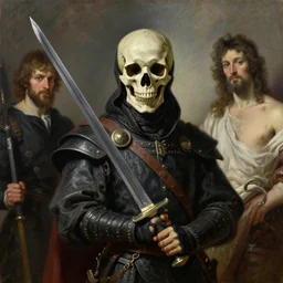 Realistic painting of a swordsman with a skull for a face high-detailed oil painting by Ilya Repin, William Blake, Michelangelo da Caravaggio, Alex Grey and Beksinski, masterpiece, 4k