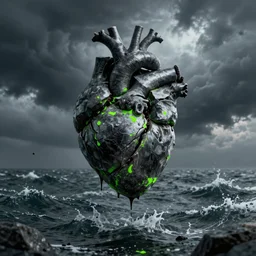 cracked human heart of stone suspended over a raging sea with stormclouds in the sky, dripping poison on daggers, black grey neon green, dull, 8 k, realistic render, octane render, unreal engine