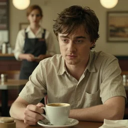 daniel radcliffe as visitor in hat and shirt drink coffee, emma watson as waitress on background, screen short from mafia 2, game screenshot, 1 9 3 0 style, diner caffee