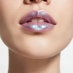 fine art photography of a woman's lips wearing iridescent lipstick, studio high key lighting, supermodel facial structure