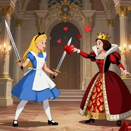 'Alice in wonderland' with blue and white armor, holding two swords, facing off against the 'queen of hearts', epic battle, sucker punch, falling hearts, in castle with beautiful rococo architecture
