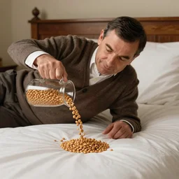 mr. bean pouring beans on his bed