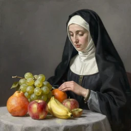 ultrarealistic ultradetailed painting of catholic veiled lady beside fruits, still life, greg rutkowski, immerse, 1 9 th century, slime, special effects makeup, maximalist, glittering, gold, ivory, hyperreal, golden ratio, alphonse mucha