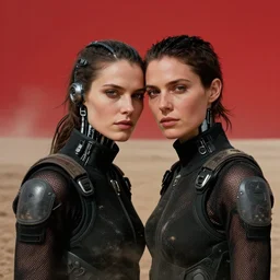 cinestill 5 0 d photographic portrait by steve mccurry of two loving female androids wearing rugged black mesh techwear on a desolate plain with a red sky, extreme closeup, cyberpunk style, dust storm, 8 k, hd, high resolution, 3 5 mm, f / 3 2, ultra realistic faces, ex machina, blade runner