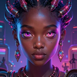 african neon demon, science fiction, highly detailed, digital painting, beautiful eyes, symmetry, concept art, sharp focus, volumetric lighting, illustration, global illumination, radiant light, synthwave colors, detailed and intricate environment, art by artgerm and greg rutkowski and magali villeneuve and ilya kuvshinov!
