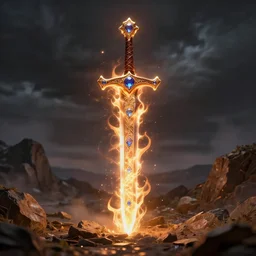 divine sword on fire, light energy, precious gems