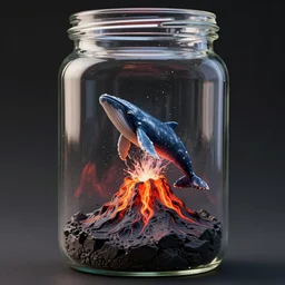 a octane render of violent volcano inside a jar, a tiny whale jumping out of the jar, close - up studio photo, lighting path traced, highly detailed, high quality, hyper - realistic, max accurate,