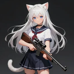 anime, full body, cute, female, a white haired cute cat girl wearing a school uniform with cat ears and holding a sniper rifle, gorgeous lighting, cat girl, highly detailed, digital painting, art station, sharp focus, frontal view, illustration, concept art, advanced digital anime art