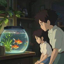 beautiful scene render of a person looking at the goldfish in the fish tank, dimly lit bedroom, green plants, perfectly shaded, atmospheric lighting, style of makoto shinkai and peter mohrbacher, studio ghibli. artgerm, karol bak, beeple, animation style, 8 k hd, ultra wide angle, hyper detailed