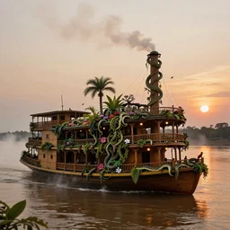 A wooden, beautiful 1880's steamboat overgrown with intricate vines, flowers, snakes, anacondas and exotic vegetation floating down on the Amazon river. Faint lights from inside the ship. Steam. Birds circulating. The boat looks like an island. Ecosystem. Sunset. Volumetric lights. Mist.