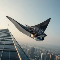 a huge manta ray is floating in the air near a skyscraper, surreale, epic, cinematic shot, golden hour, dreams atmosphere, high definition