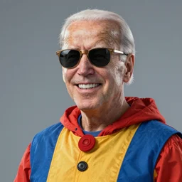 a photorealistic portrait of Joe Biden wearing sunglasses, as an adventurer, wearing a clown-suit, hopeful, brave, studio lighting, 8k, cgsociety, artstation trending, 3d render, octane render, high detail, high quality, style of Wayne Haag