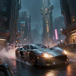 a scifi car speed chase down a brutalism looking city, dim neon lights, lens flare, scale, night life, heavy rain, deep focus, d & d, fantasy, intricate, elegant, highly detailed, digital painting, artstation, concept art, matte, sharp focus, illustration, hearthstone, art by artgerm and greg rutkowski and alphonse mucha