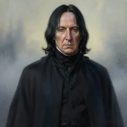 breathtaking detailed painting of severus snape with long cloak, by ruan jia, intricate cloak of mists at dawn, piercing eyes, detailed realistic facial features, 8 k, concept art, matte, sharp focus, rembrandt style