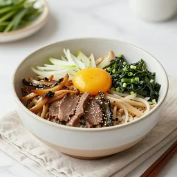 realistic photo of delicious bimbimbap, bowl, white kitchen table, cloth, onion, greenery, marble, highly detailed, by louise lister, sara ali, mary devinat, kailee mandel, masterpiece, award winning, food photography
