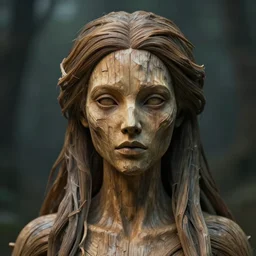 A hyper real photo of a female dryad, whose face is made of wood, rendered in unreal, 4k, subtle horror theme, menacing.