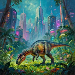 a beautiful painting of a lush cyberpunk city with a single dinosaur grazing in the foreground by ridley scott, vivid colours, cinematic lighting, fine details, 8 k | | digital artwork made by greg rutswork, anna dittmann and lois van barlee, symmetrical neon rim light, anatomically correct