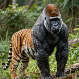 a tiger gorilla!!! hybrid! hyper realistic!! realistic lighting!! wildlife photographer of the year!!! bold natural colors, national geographic, hd, wide angle, 8 k