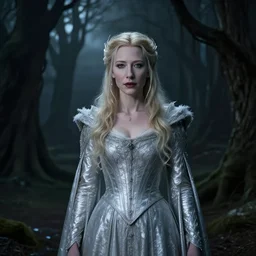 portrait of ((mischievous)), baleful young Cate Blanchett as Galadriel as a queen of ((fairies)), dressed in a beautiful silver dress. The background is a dark, creepy eastern europen forrest.  night, horroristic shadows, high contrasts, lumnious,  photorealistic, dreamlike, (mist filters), theatrical, character concept art by ruan jia, thomas kinkade, and J.Dickenson, trending on Artstation