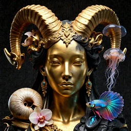 goddess princess face close-up portrait ram skull. sculpture made of polished gold and matte obsidian. jellyfish phoenix head, nautilus, orchid, skull, betta fish, bioluminiscent creatures, intricate artwork by Tooth Wu and wlop and beeple. octane render, trending on artstation, greg rutkowski very coherent symmetrical artwork. cinematic, hyper realism, high detail, octane render, 8k