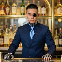 portrait of a male bartender, chinese, muscular, brushed - back hair, half - robot, navy zhongshan suit, light blue ascot, monocle, in a bar lit by gold and silver neon lights, manet, renoir, impressionist