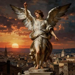 a angel over a city movie poster, painted by caravaggio, dramatic sunset, arcane style, high resolution, city landscape, side scrolling, rule of thirds, 4 k,