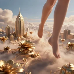 pov, flying feet - first along the boundary of the skybox, towards dusty gilded bronze flower metropolis, beautiful saturation, weak zoom blur, gradient aperture, warm dappled lighting, global illumination