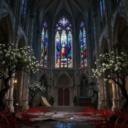 interior of the old cathedral, stained glass, gothic style,trees, bushes, dark mood,  white flowers, red grass, damaged floor, night, moon light, camp, greg rutkowski, fantasy, detailed illustration, hd, 4k, digital art, overdetailed art, concept art, trending on artstation