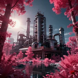 industrial architecture by winslow homer, at night morning sun at dusk flowers forest biopunk synthwave vice city landscape infrared water junglepunk dramatic lighting, archdaily, wallpaper, highly detailed, trending on artstation.