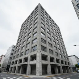 A photo of a grey concrete tall building, viewed from below, high-resolution, beside a street