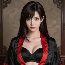 tifa lockhart portrait, black and red silk robe and decollete bra, art by ruan jia, artgerm, wlop, loish, 8 k realistic, hyperdetailed, beautiful lighting, detailed background, depth of field, symmetrical face, frostbite 3 engine, cryengine,