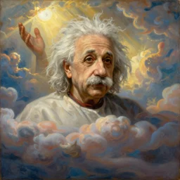 painting of albert einstein at the pearly gates of heaven, in the style of michaelangelo, intricate, high detail, lighting, clouds, rays of sun