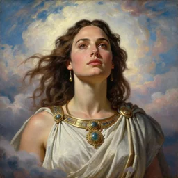 Head and shoulders masterpiece oil painting of the beautiful goddess Gal Gadot as hera, she is wearing roman clothes and a surreal jewelry, her hair is natural disheveled, she is approaching heaven over the clouds, naturalism, dramatic lighting, high-detailed oil painting by Ilya Repin, Michelangelo da Caravaggio, William Blake, Alex Grey and Beksinski, trending on Artsation, hystorical painting, naturalism, masterpiece, 4k, 8k,