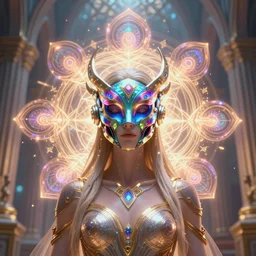 a centered render of an alluring goddess wearing a psychedelic bio - mech mask is surrounded by a glorious sacred energy made from geometry and spiral mandel bulb fractals in a magnificent cathedral, powerful, cinematic, beautifully lit, by android jones, by amanda sage, by karol bak, 3 d, trending on artstation, octane render, 8 k