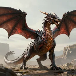 dragon on the ground standing, epic, cinematic, fantasy art, concept art, photorealistic, highly detailed,