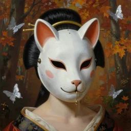 baroque neoclassicist close - up portrait of a being wearing a futuristic geisha animal mask, in front of an autumn forest. silver butterflies. highly detailed science fiction painting by norman rockwell, frank frazetta, and syd mead. rich colors, high contrast, gloomy atmosphere. trending on artstation and behance.
