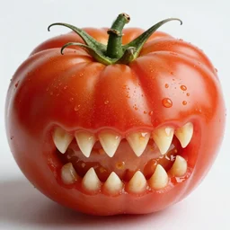 of a photo of a giant tomato with sharp teeth. high detail.