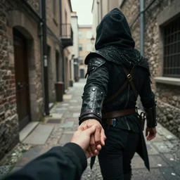 a hooded rogue leads you by the hand down an alleyway, digital art