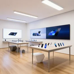 ( ( ( brutalist neon flagship samsung store, white walls. oak floor. hanging lights. geometric furniture, large digital screens. display tables with phones and tablets, verdant plants ) ) ) concept art, vibrant colour, john berkey, beeple, wlop, makoto shinkai, yoji shinkawa, wadim kashin, artstation, 4 k