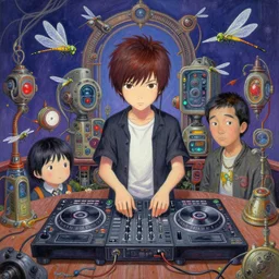 surreal gouache painting, by yoshitaka amano, by ruan jia, by Conrad roset, by good smile company, Noel Fielding surrounded by magical dragonflies and a big DJ Mixer, deck,  portrait, cgsociety, artstation, rococo mechanical and Digital  and electronic, dieselpunk atmosphere