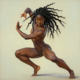 picture of combat dancer, female, black skin, green eyes, dreadlock black hair, bolero, high fantasy, good, smooth, sharp focus, pastel painting, by artgerm and greg rutkowski and alphonse mucha