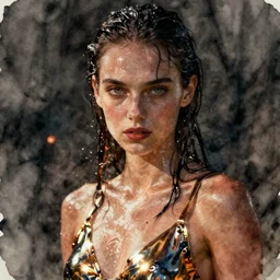 fierce wet fashion model, clear eyes, in the style of irakli nadar, liquid metal top, effervescent, warm, dark, brooding, poster art, high detail, hyperrealistic watercolor, deep mood, hyperrealism, 3 d, epic and cinematic, roger deakins on cinematography