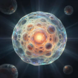 biological cell structutre in the center, iridescent radiant light in darkness, digital painting, artstation
