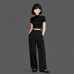 portrait of a girl in long pants and a top, hands in pockets, eyes closed, bob haircut, digital art, black and white, manga style, by junji ito