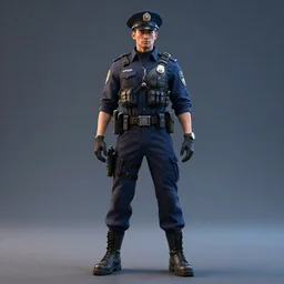 character design, standing cyberpunk police officer, photorealistic, octane render, unreal engine, hyper detailed, volumetric lighting